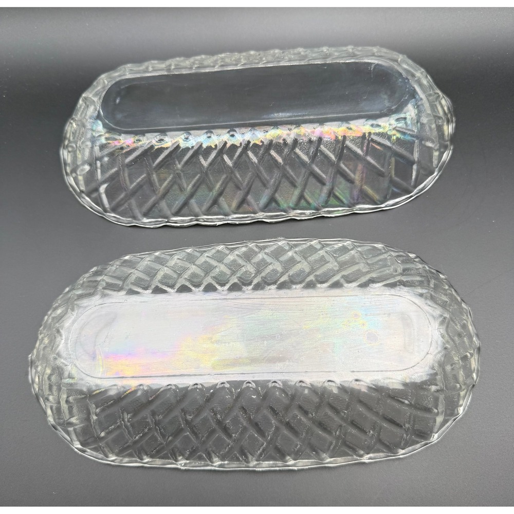 Vintage Iridescent Clear Glass Relish Dishes Diamond Lattice Pattern Set of 2 - Picture 2 of 6